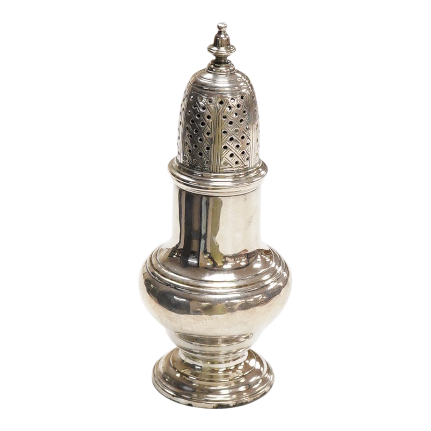 A George II silver baluster pepperette, maker probably Samuel Wood, London, 1750, height 11.7cm, 84 grams.